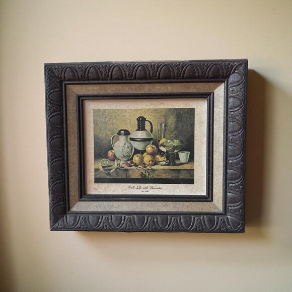 Vintage Framed Wall Art – “Still Life with Decanter” – 1970s European Fruit Bowl - Picture 4 of 13